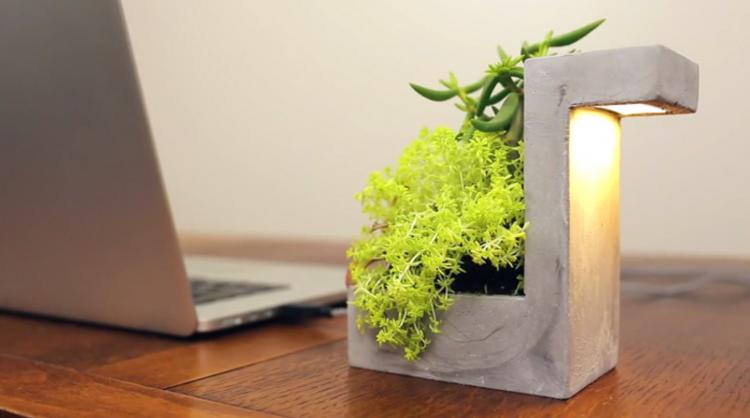 Concrete Desk Planter Doubles as a USB Lamp - Classy concrete desk lamp and plant holder