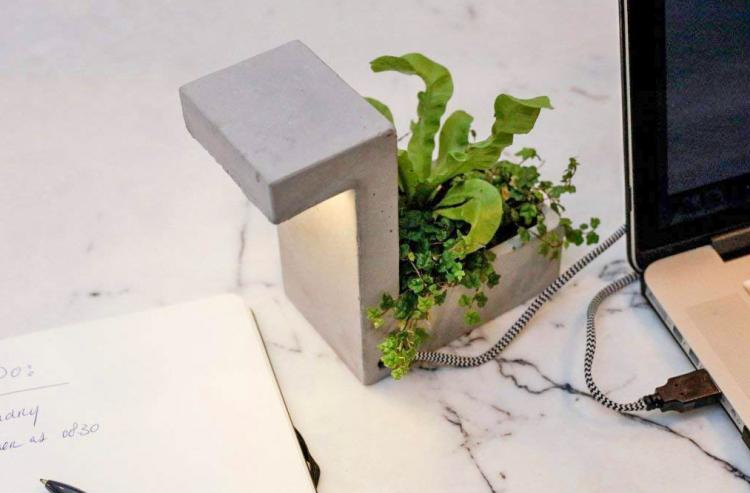 Concrete Desk Planter Doubles as a USB Lamp - Classy concrete desk lamp and plant holder