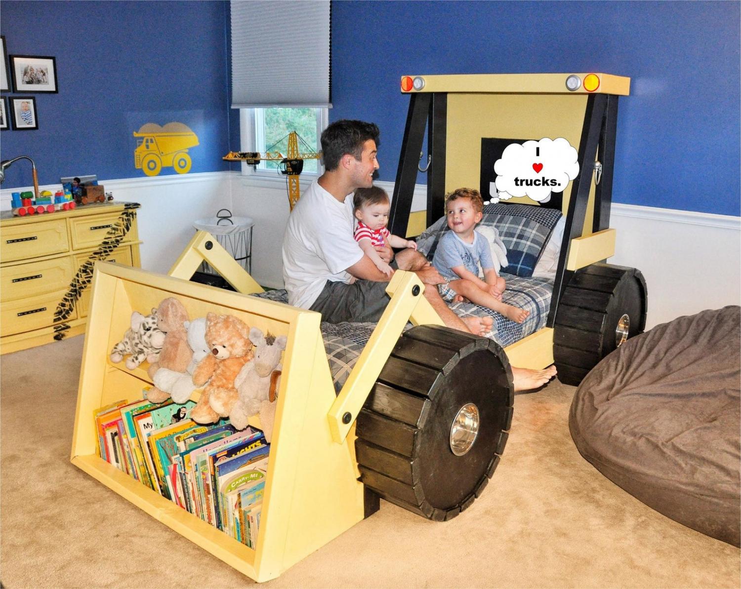 DIY Construction Truck Kids Bed Has a Built-In Bookshelf In The Bucket  - Wheel loader / front loader kids bed