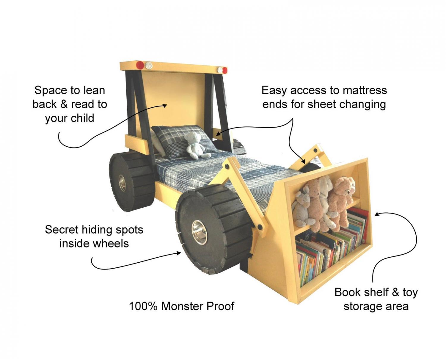 DIY Construction Truck Kids Bed Has a Built-In Bookshelf In The Bucket  - Wheel loader / front loader kids bed