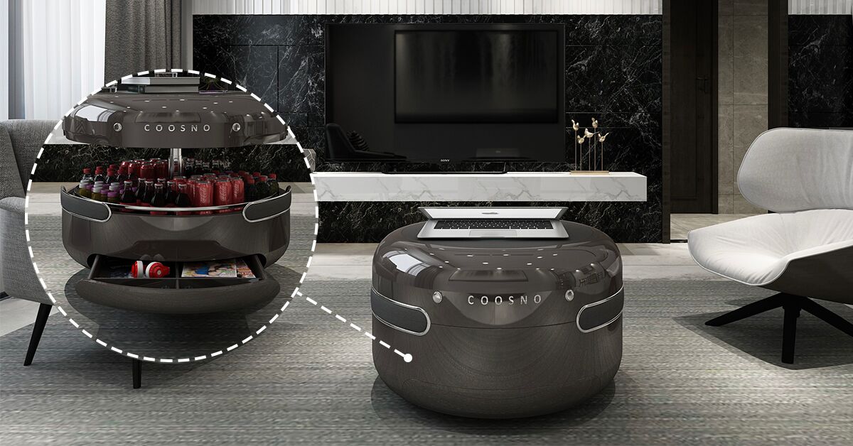 Coosno Ultimate Smart Coffee Table Fridge - Voice activated futuristic coffee table doubles as refrigerator