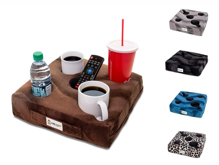Cup Cozy Pillow - Flat foam pillow securely holds drinks and snacks on your couch - Couch drink holder