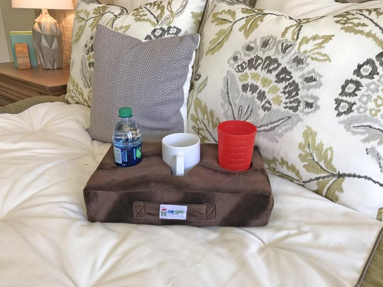 Cup Cozy Pillow - Flat foam pillow securely holds drinks and snacks on your couch - Couch drink holder