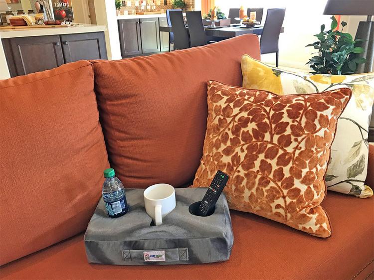 Cup Cozy Pillow - Flat foam pillow securely holds drinks and snacks on your couch - Couch drink holder
