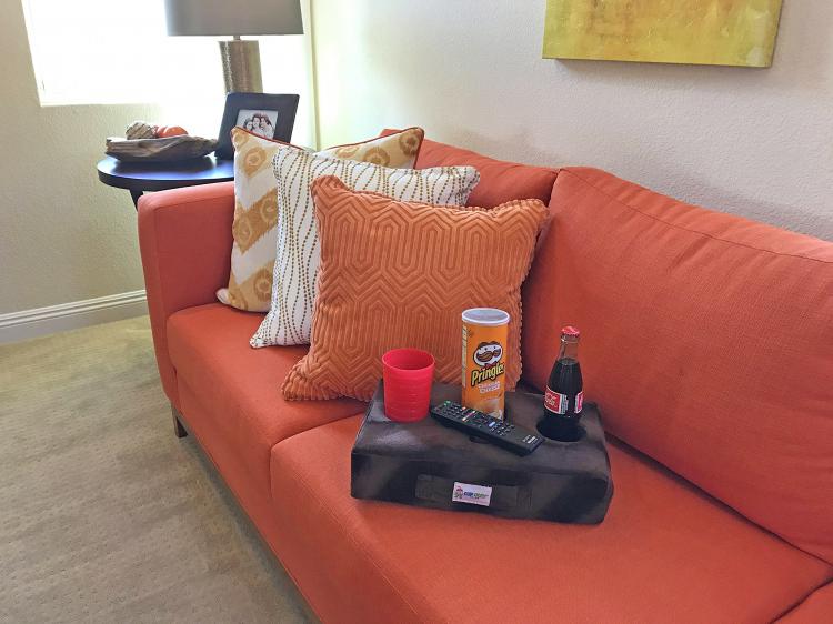 Cup Cozy Pillow - Flat foam pillow securely holds drinks and snacks on your couch - Couch drink holder