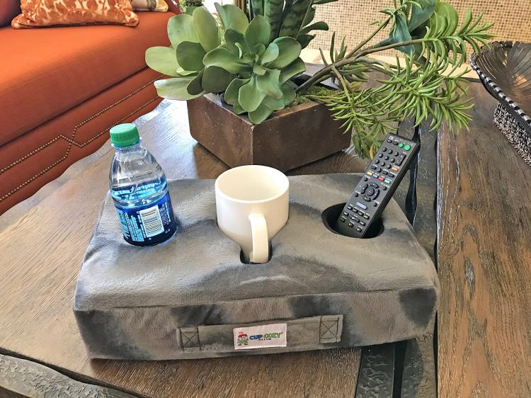 Cup Cozy Pillow - Flat foam pillow securely holds drinks and snacks on your couch - Couch drink holder