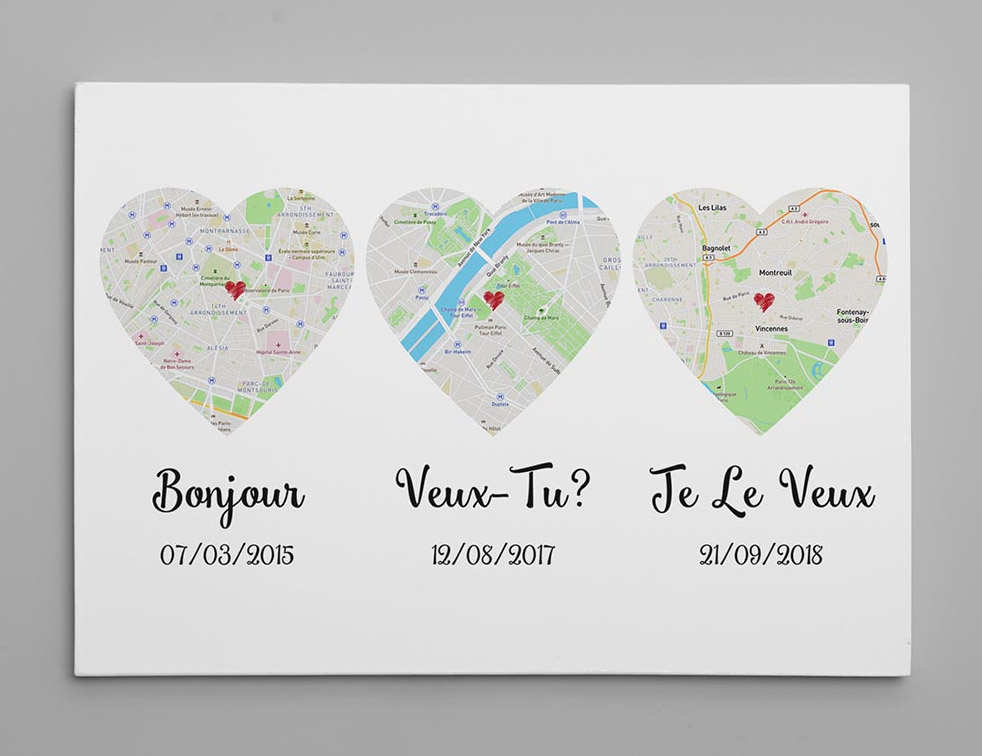 Custom Heart Shaped Map Prints Let You Track How Your Relationship - hello, will you, i do custom canvas anniversary gift prints