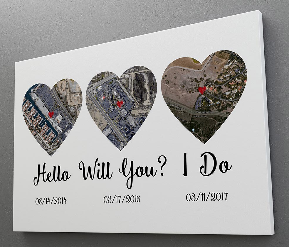 Custom Heart Shaped Map Prints Let You Track How Your Relationship - hello, will you, i do custom canvas anniversary gift prints