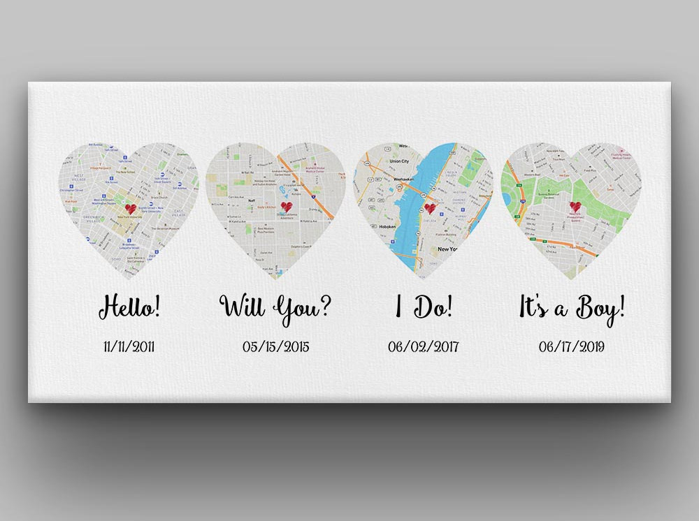Custom Heart Shaped Map Prints Let You Track How Your Relationship - hello, will you, i do custom canvas anniversary gift prints