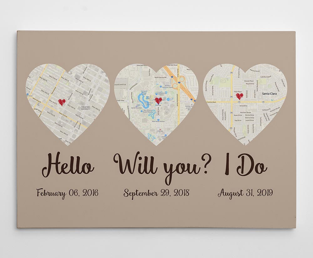 Custom Heart Shaped Map Prints Let You Track How Your Relationship - hello, will you, i do custom canvas anniversary gift prints