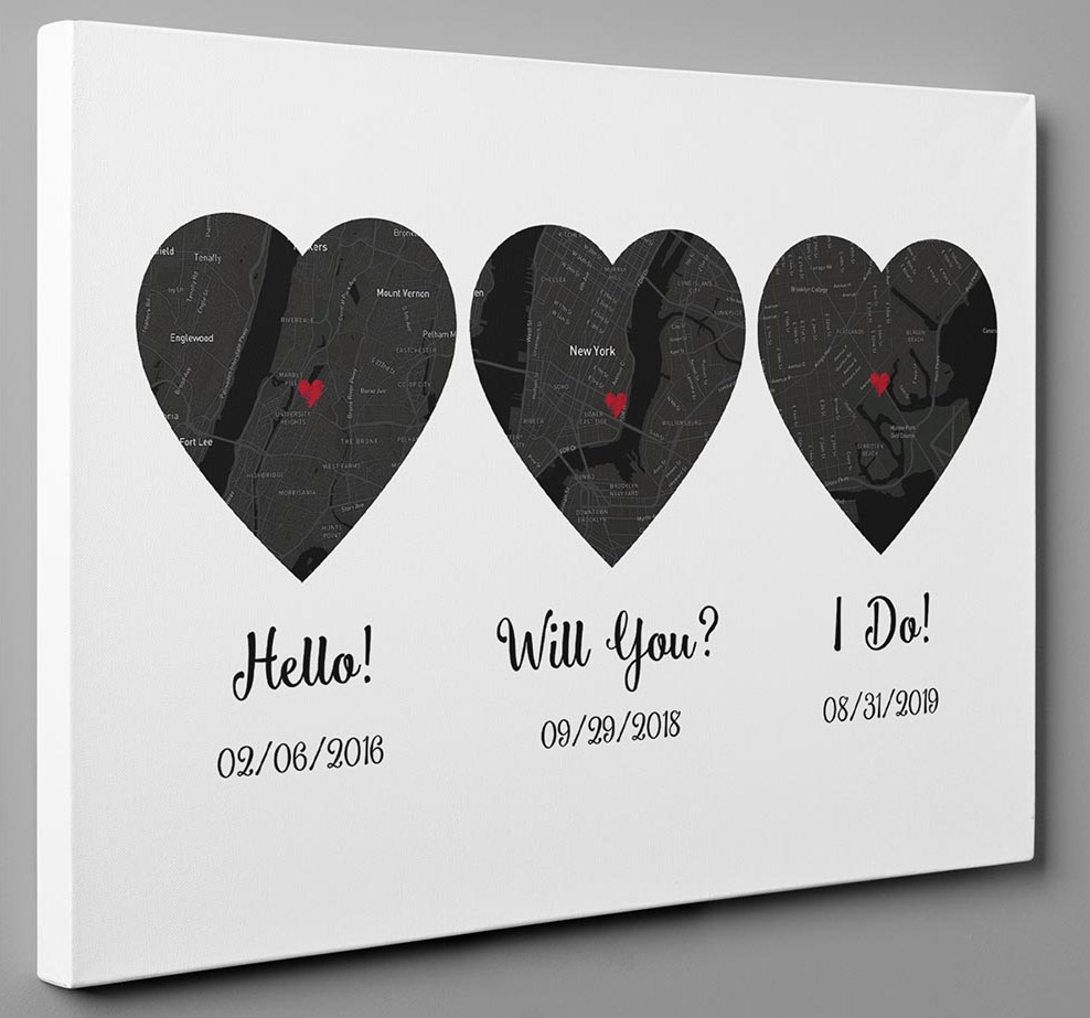 Custom Heart Shaped Map Prints Let You Track How Your Relationship - hello, will you, i do custom canvas anniversary gift prints