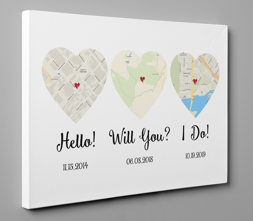 Custom Heart Shaped Map Prints Let You Track How Your Relationship - hello, will you, i do custom canvas anniversary gift prints