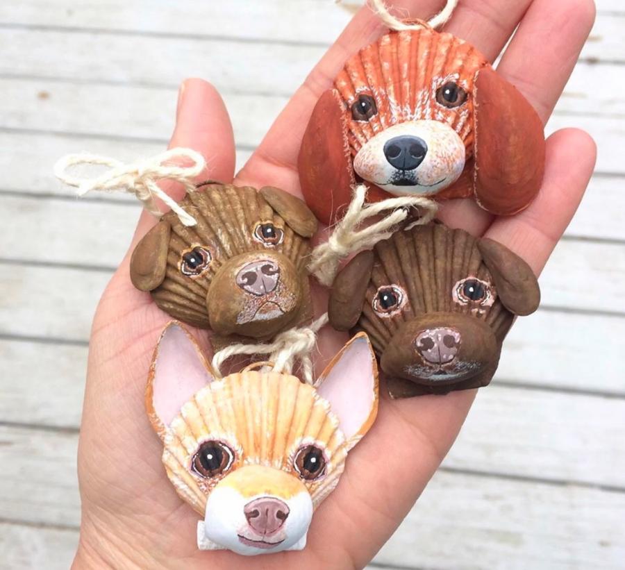 Custom Seashell Dog Portraits - Dog ornament made from beach shells