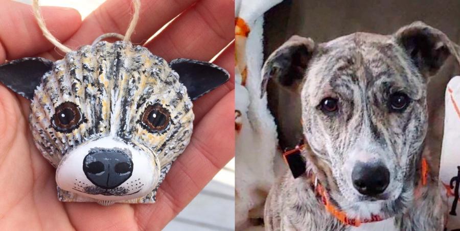 Custom Seashell Dog Portraits - Dog ornament made from beach shells