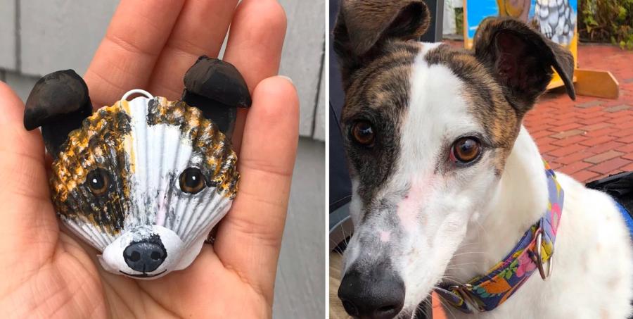 Custom Seashell Dog Portraits - Dog ornament made from beach shells