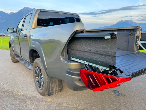 Custom pullout taillight storage drawers for drinks and guns