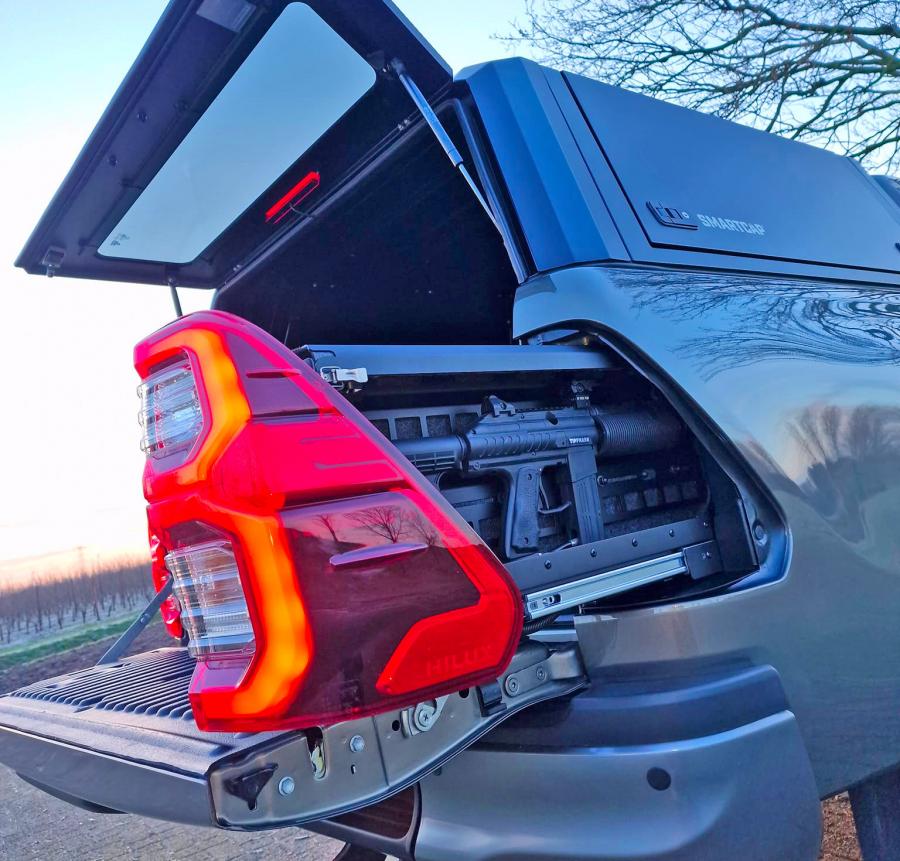 Custom pullout taillight storage drawers for drinks and guns