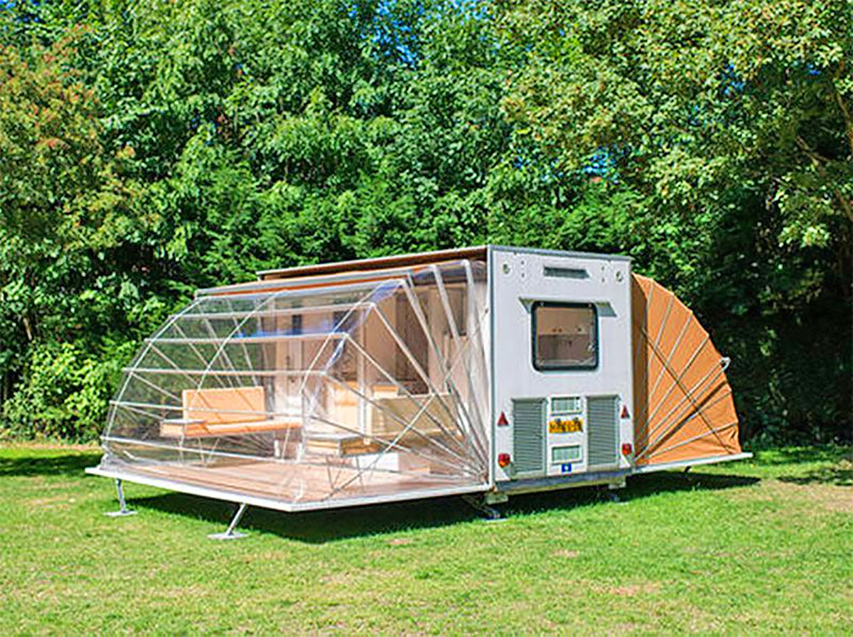Folding Camping Trailer Expands To Triple Its Size With Fold-Out Awnings - De Markies Expanding Retro Trailer