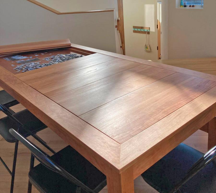 Dining Table Has a Hidden Game/Puzzle Compartment Under The Surface - Wooden custom dining table with puzzle or board game area