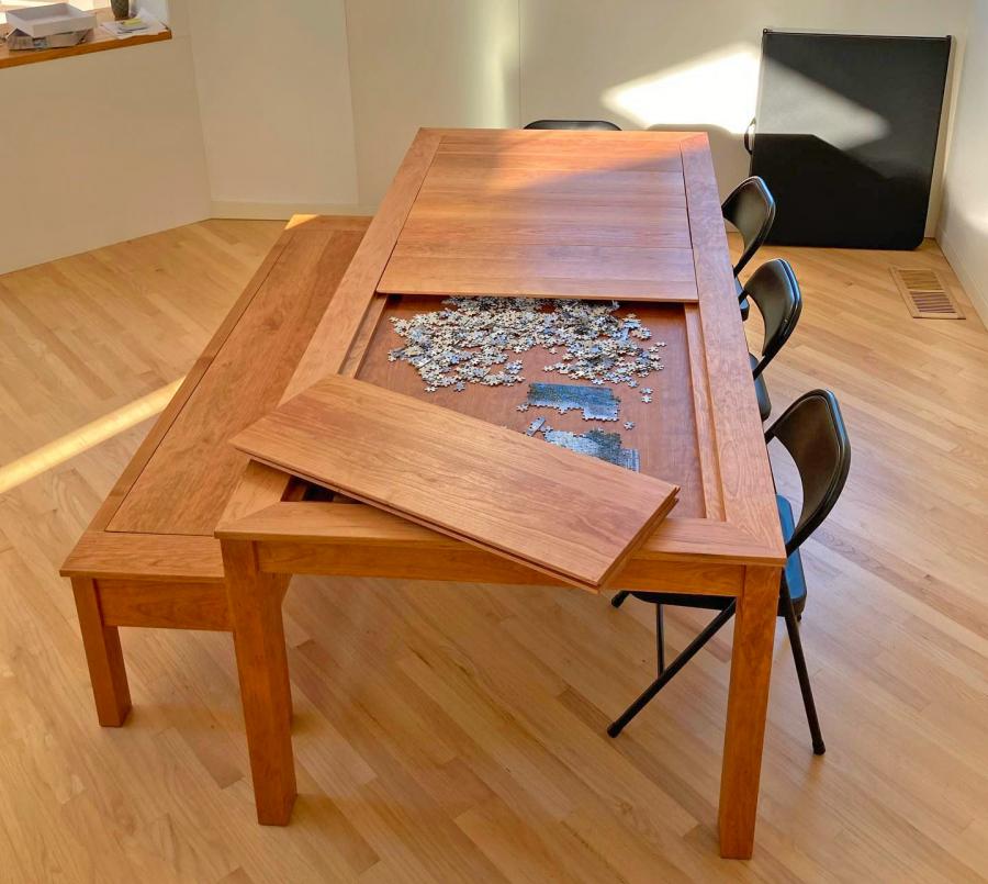 Dining Table Has a Hidden Game/Puzzle Compartment Under The Surface - Wooden custom dining table with puzzle or board game area