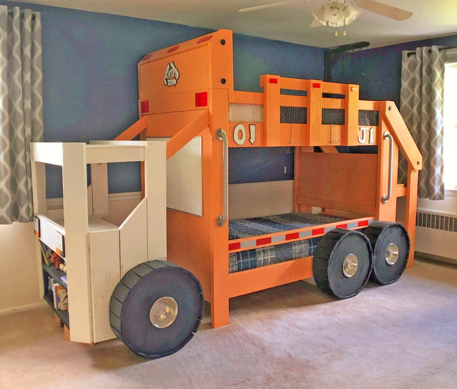 DIY Garbage Truck Bunk Bed - Garbage truck kids bed with desk and bookshelf