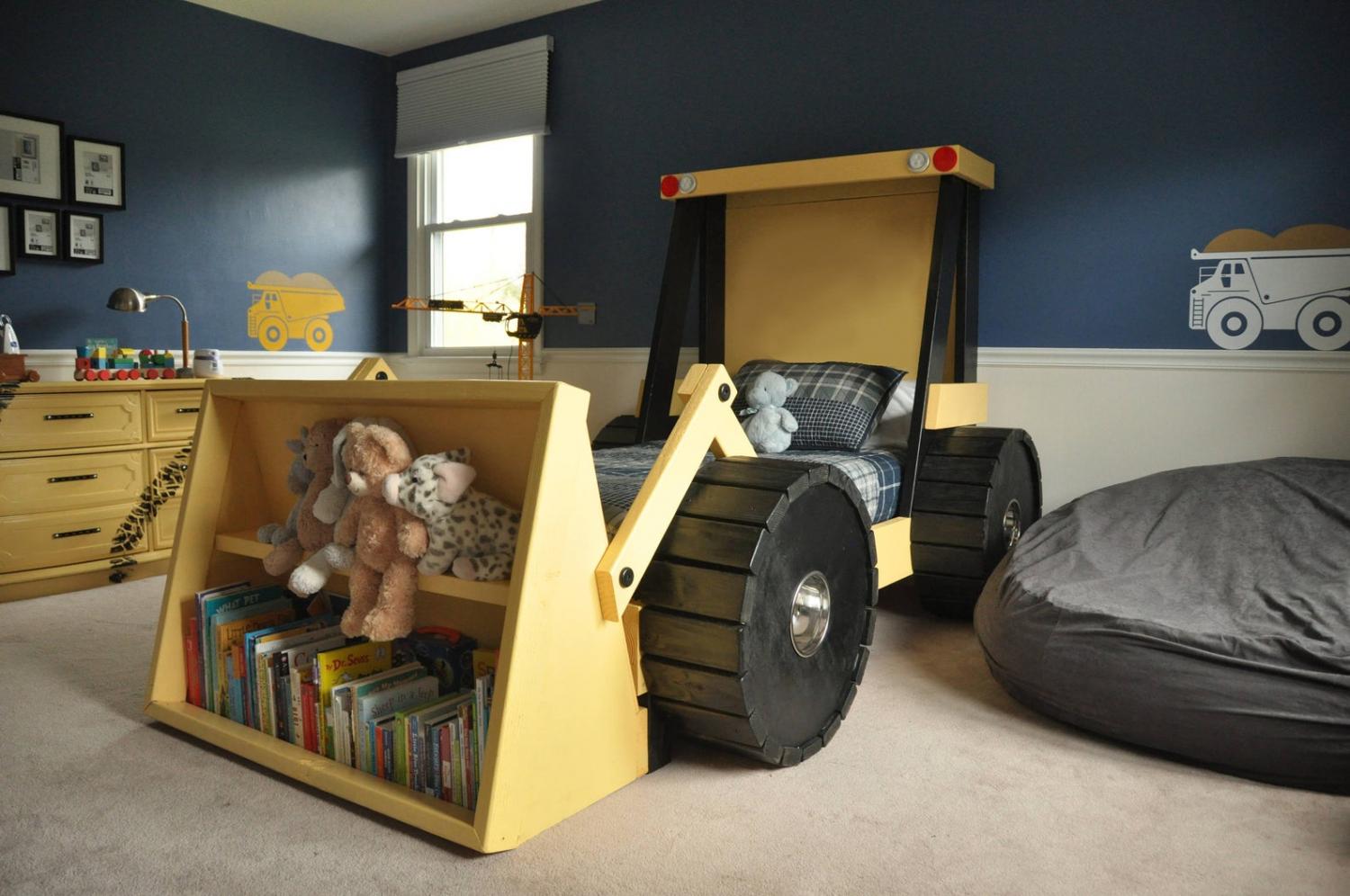 DIY Construction Truck Bed - Construction truck kids bed with bookshelf in front bucket