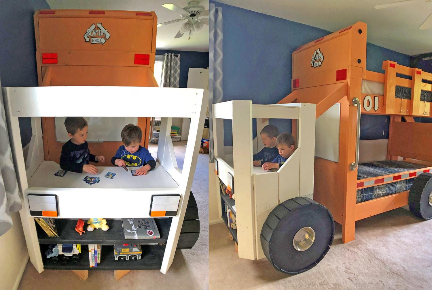 DIY Garbage Truck Bunk Bed - Garbage truck kids bed with desk and bookshelf