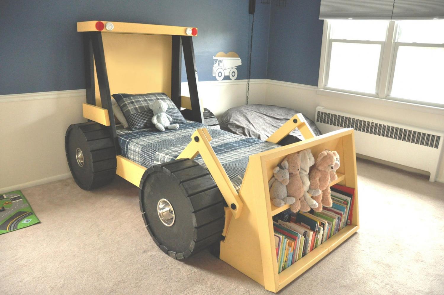 DIY Construction Truck Bed - Construction truck kids bed with bookshelf in front bucket