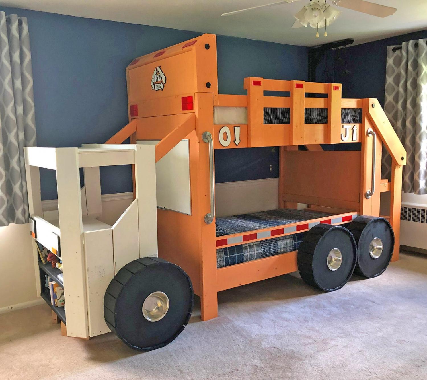 DIY Garbage Truck Bunk Bed - Garbage truck kids bed with desk and bookshelf