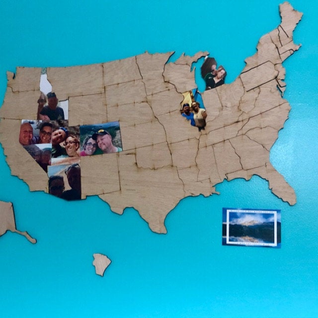 Document Your Travels With This Wooden U.S. State Photo Markings Map - United states wooden photo map