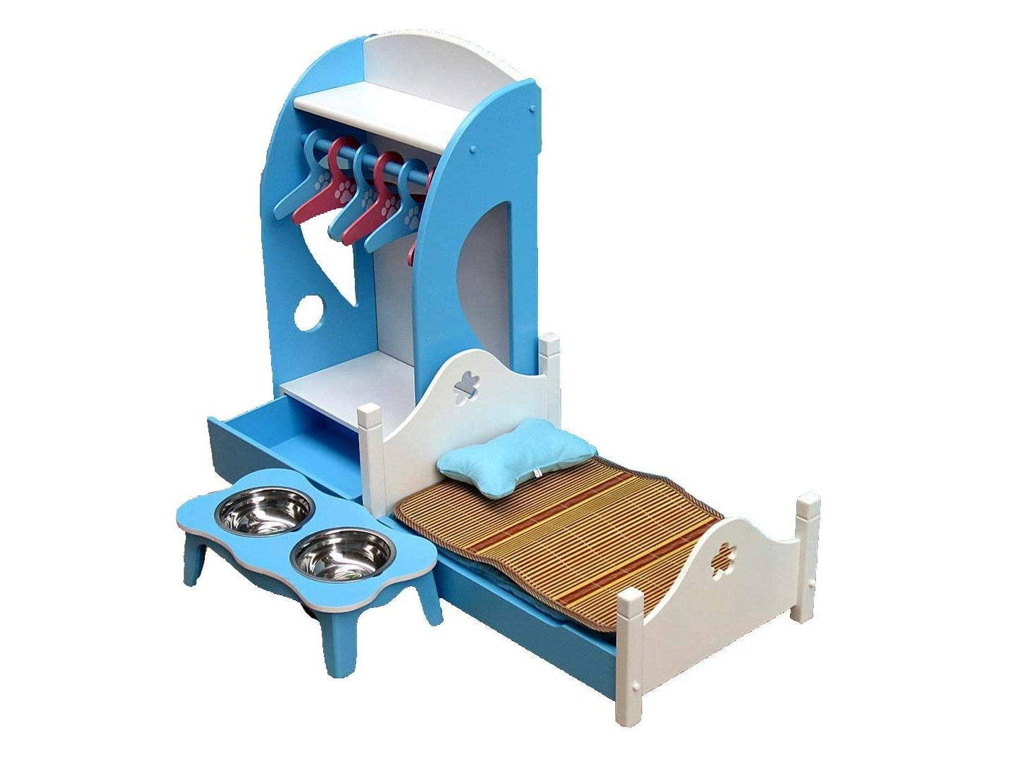 Dog Bed With Built-in Closet and Feeding Bowls