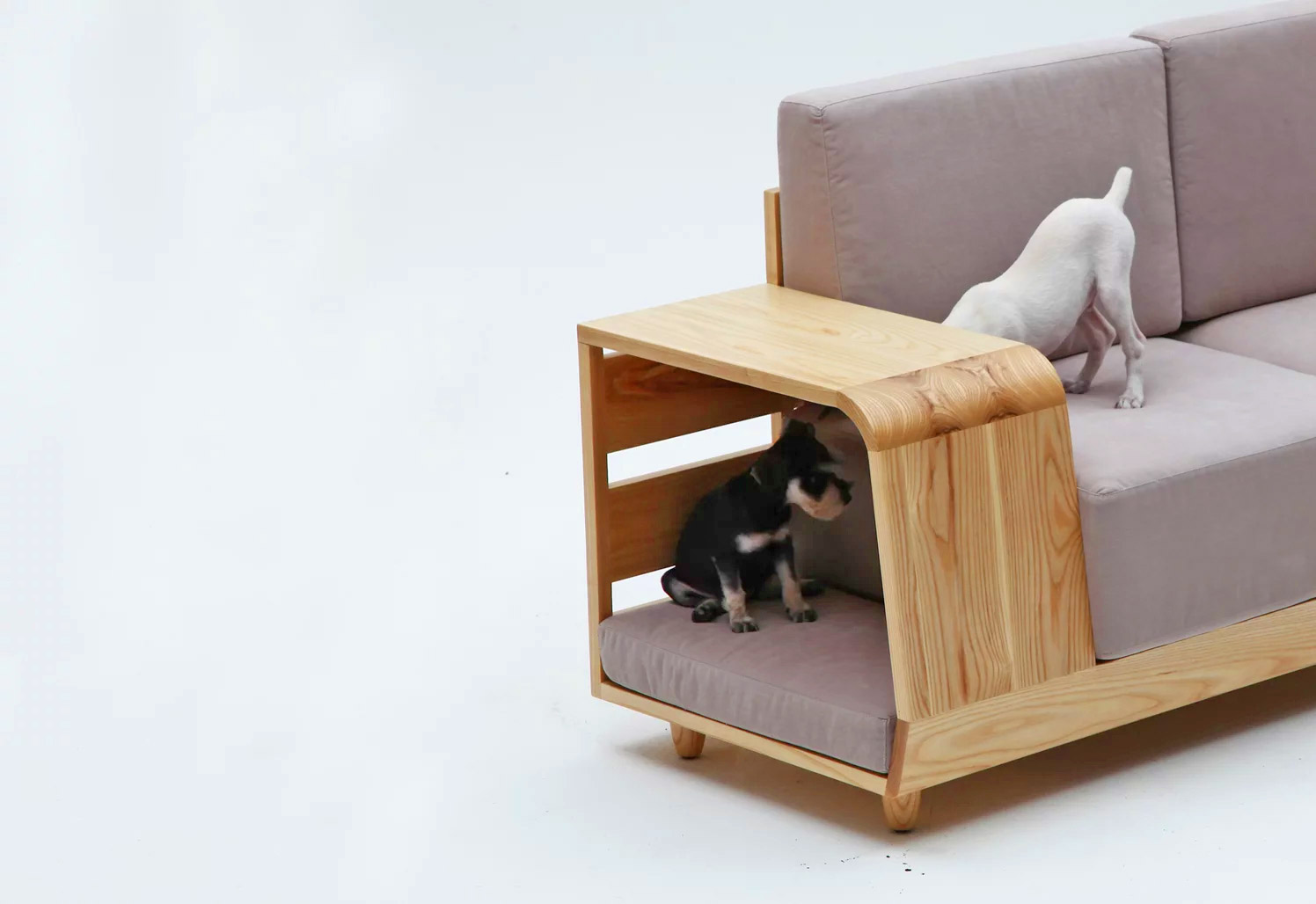 Dog House Sofa Has an Integrated Dog Bed In The Armrest - Dog bed in couch sofa wooden armrest