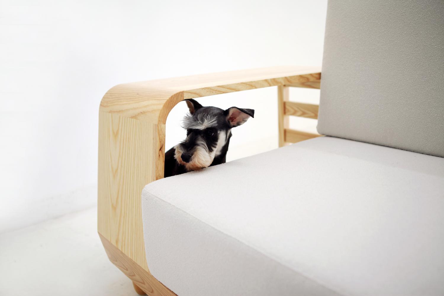Dog House Sofa Has an Integrated Dog Bed In The Armrest - Dog bed in couch sofa wooden armrest