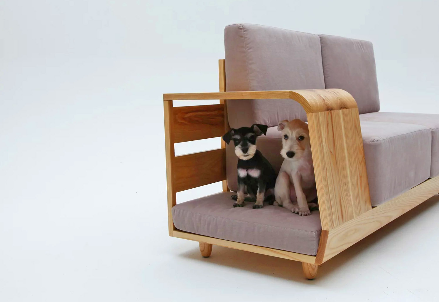 Dog House Sofa Has an Integrated Dog Bed In The Armrest - Dog bed in couch sofa wooden armrest