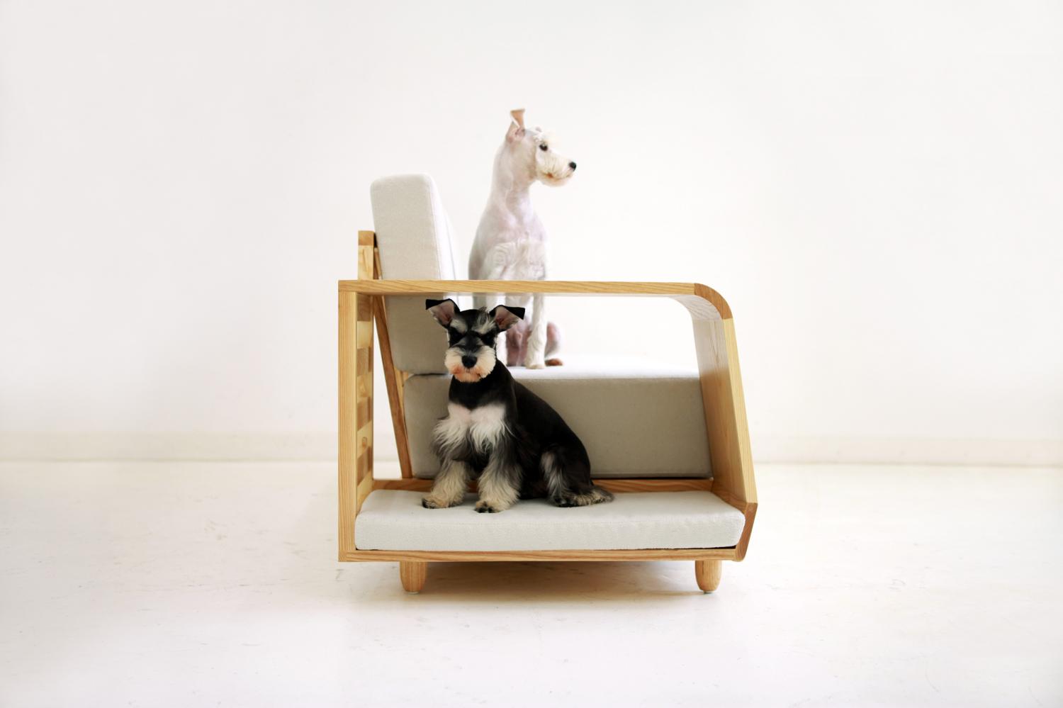 Dog House Sofa Has an Integrated Dog Bed In The Armrest - Dog bed in couch sofa wooden armrest