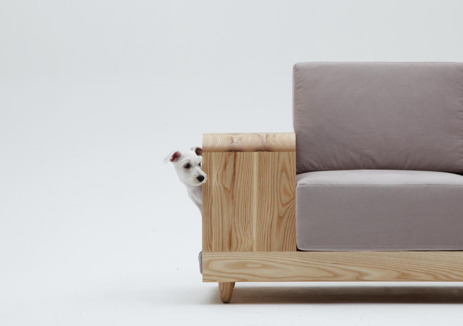 Dog House Sofa Has an Integrated Dog Bed In The Armrest - Dog bed in couch sofa wooden armrest