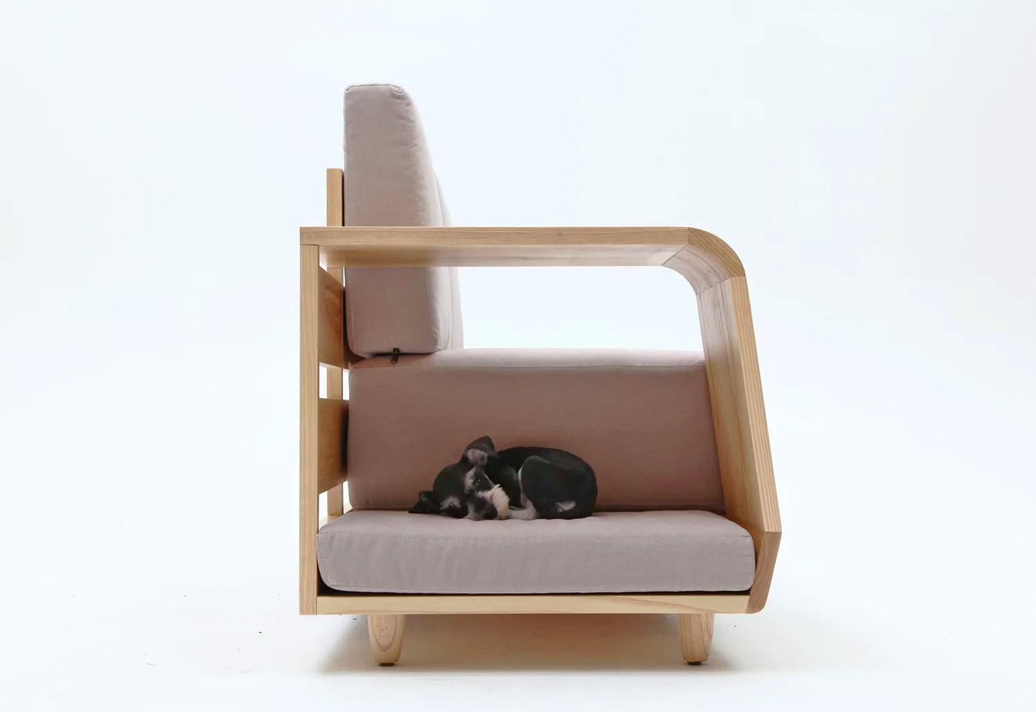 Dog House Sofa Has an Integrated Dog Bed In The Armrest - Dog bed in couch sofa wooden armrest
