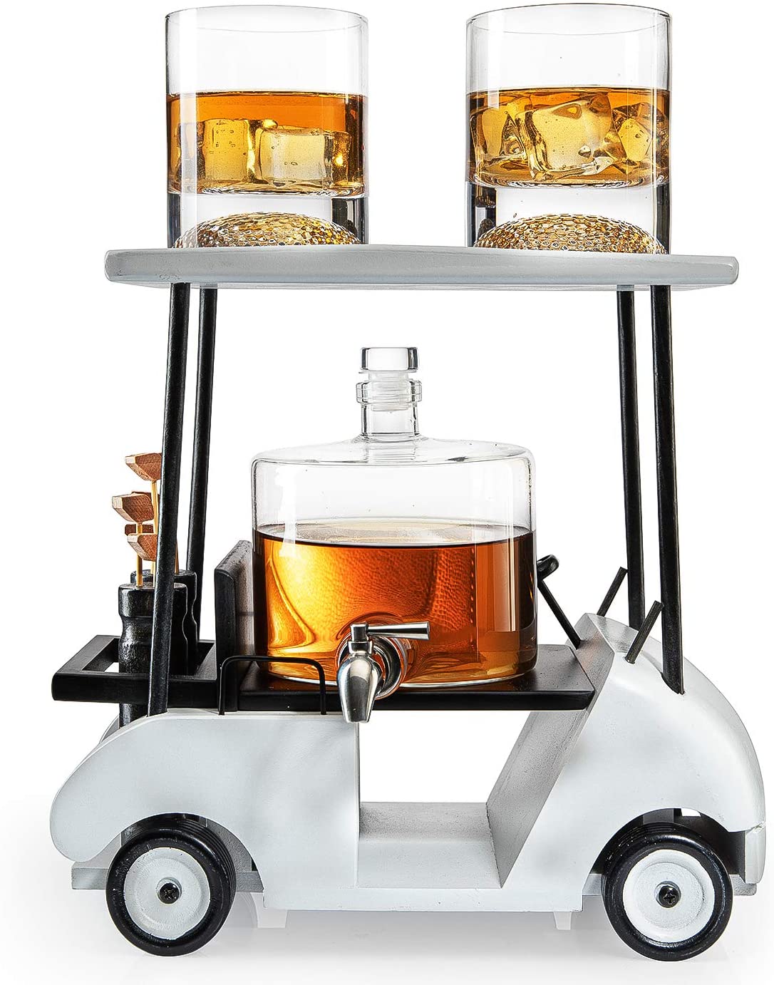 A golf cart whiskey decanter and drinking glasses set