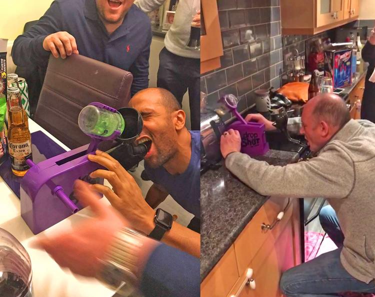 Dropshot drinking game - Russian roulette party game drops a shot in your mouth at random - Hot potato drinking game