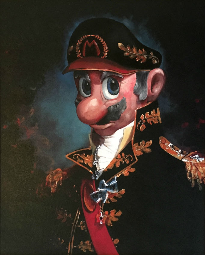 Funny Mario Nintendo Army General Painting - Repurposed Thrift Store Painting - Parody Mario Nintendo Painting