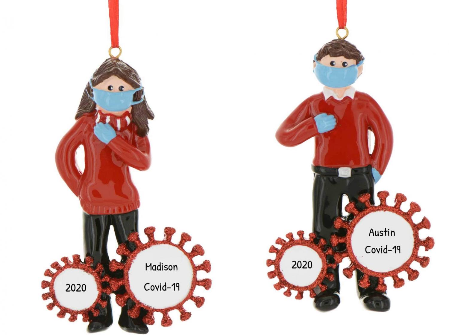 Boy or Girl in Face Mask Quarantine Christmas Ornaments 