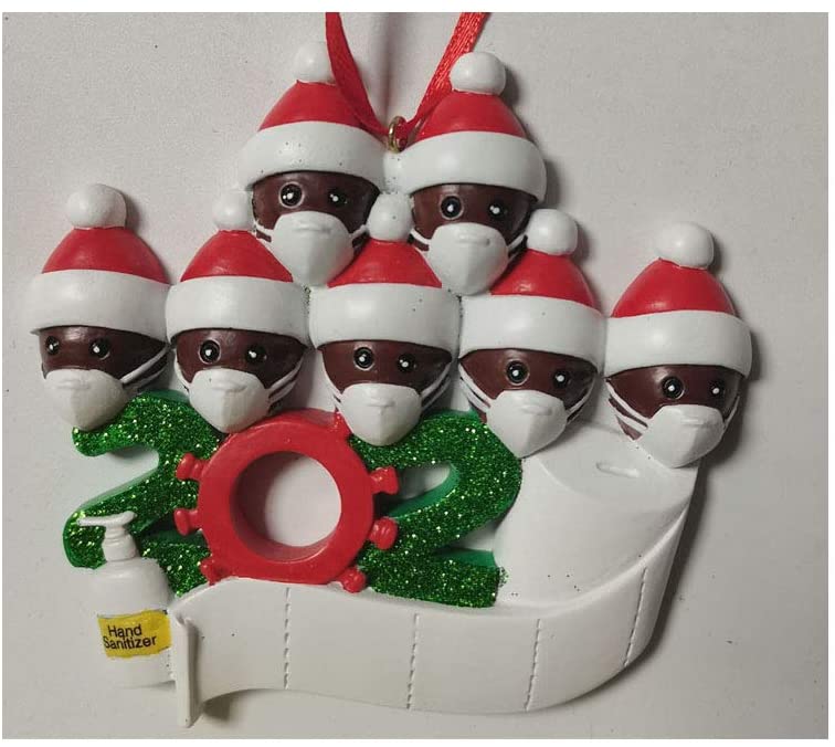 Black Family in Face Masks Quarantine Funny Christmas Tree Ornament