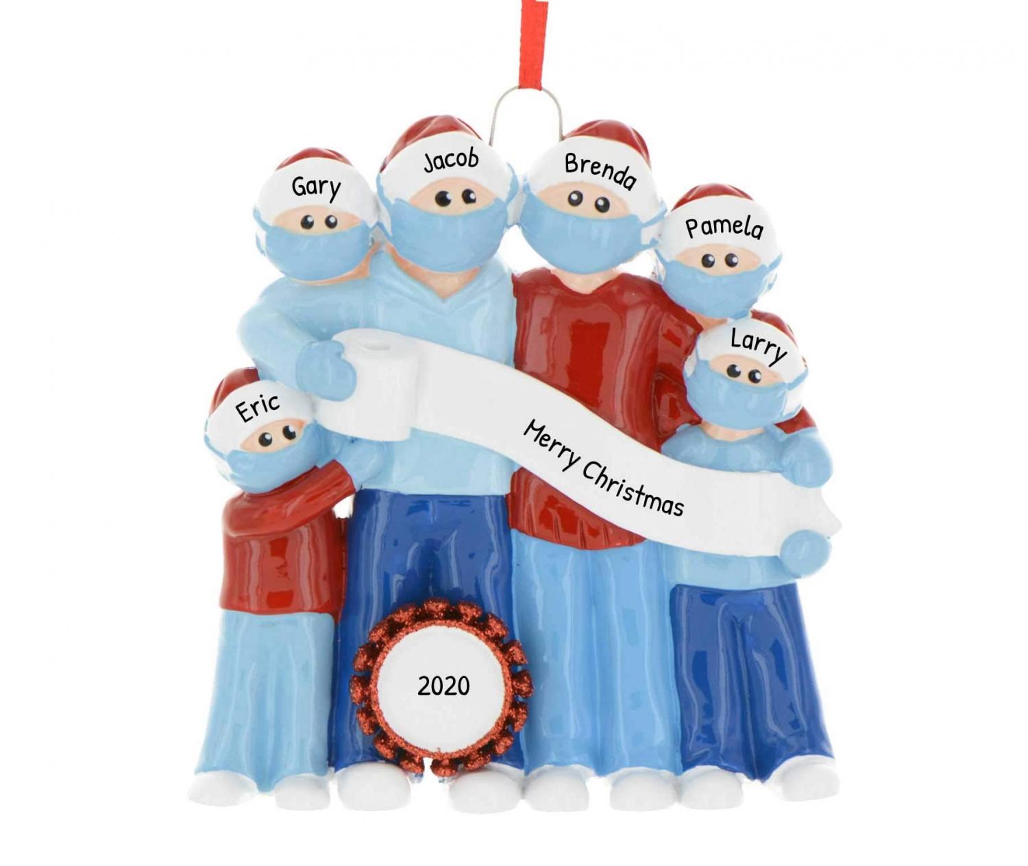 Family Christmas Caroling in Face Masks Christmas Ornament