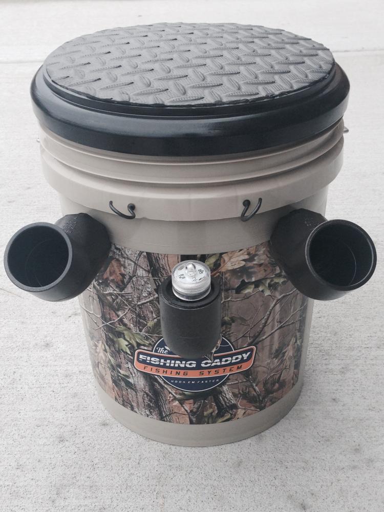 Fishing Caddy bucket combines a seat, tackle-box, and pole holder - Fishing bucket