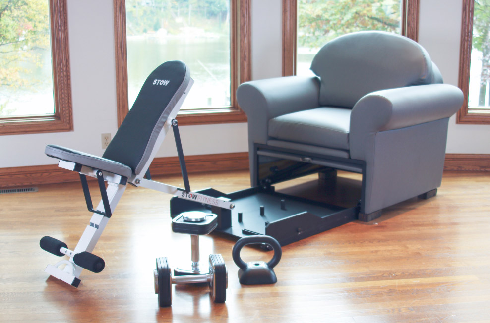 Stow-Away Fitness Equipment That Hides Inside Furniture When Not In Use - folding exercise bike inside armchair