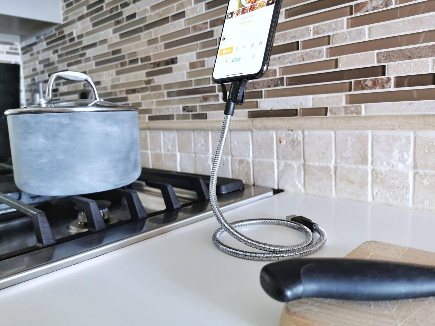 Flexible iPhone Stand and Charger - Rugged Stainless steel charging cable doubles as a phone mount