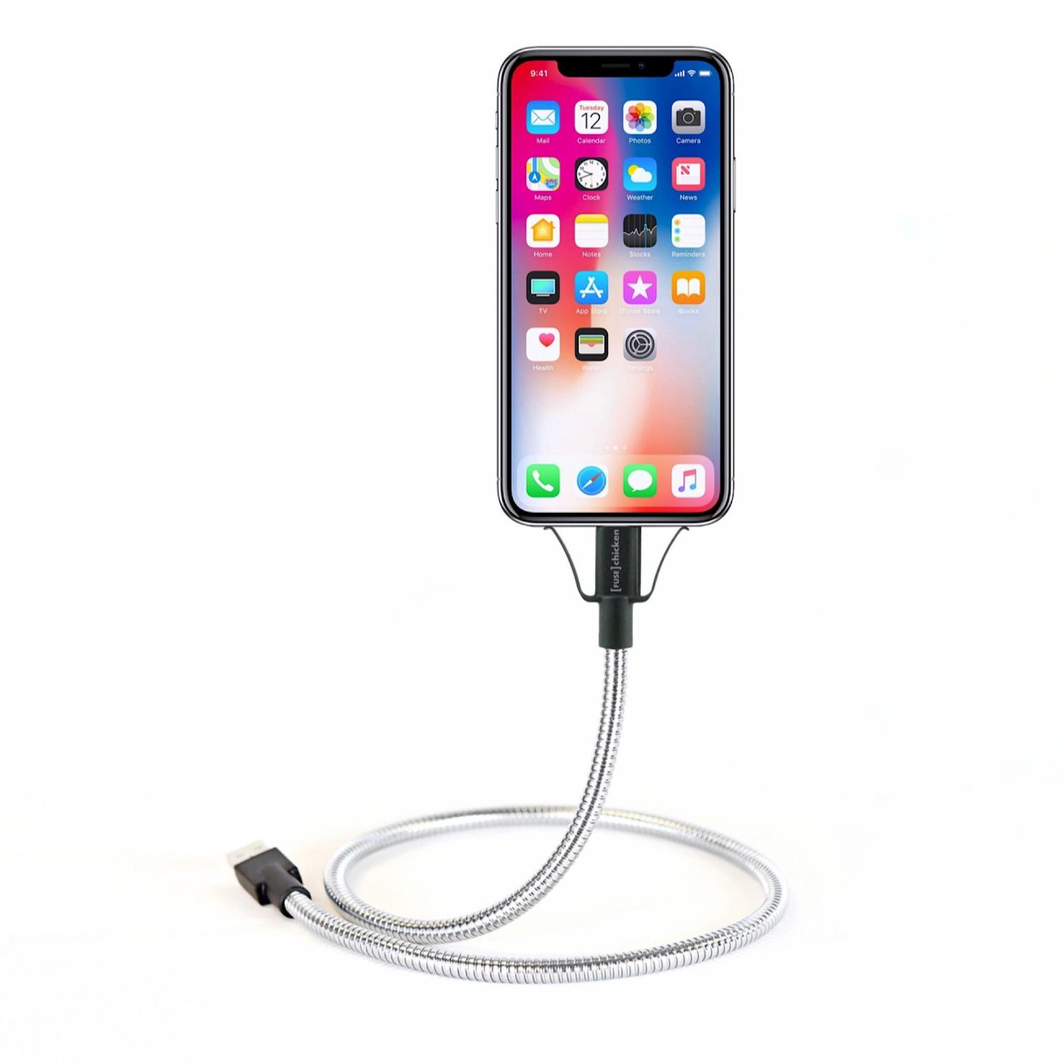 Flexible iPhone Stand and Charger - Rugged Stainless steel charging cable doubles as a phone mount