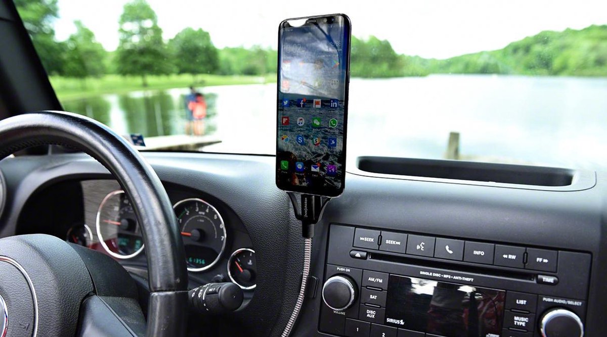 Flexible iPhone Stand and Charger - Rugged Stainless steel charging cable doubles as a phone mount