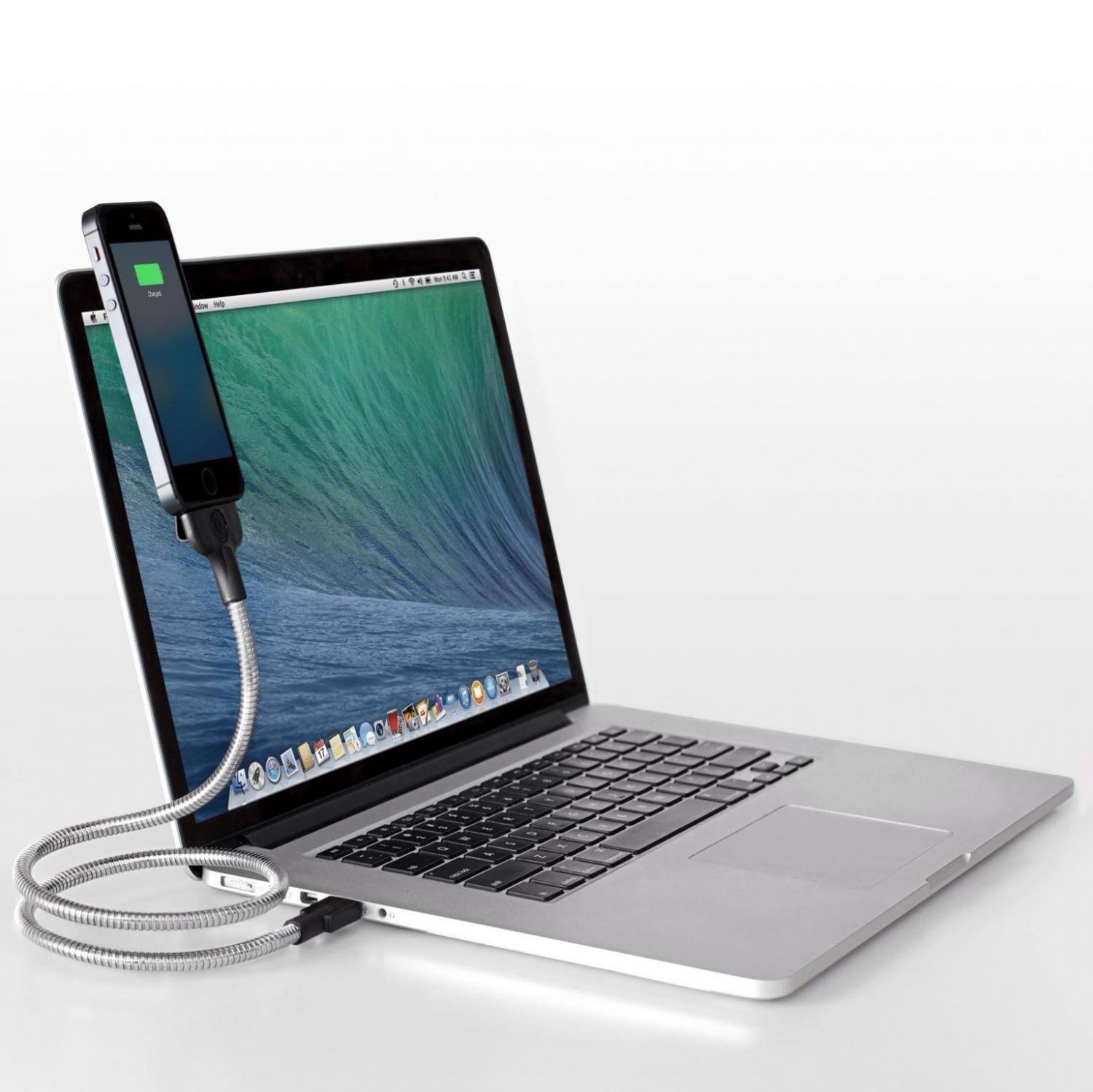 Flexible iPhone Stand and Charger - Rugged Stainless steel charging cable doubles as a phone mount