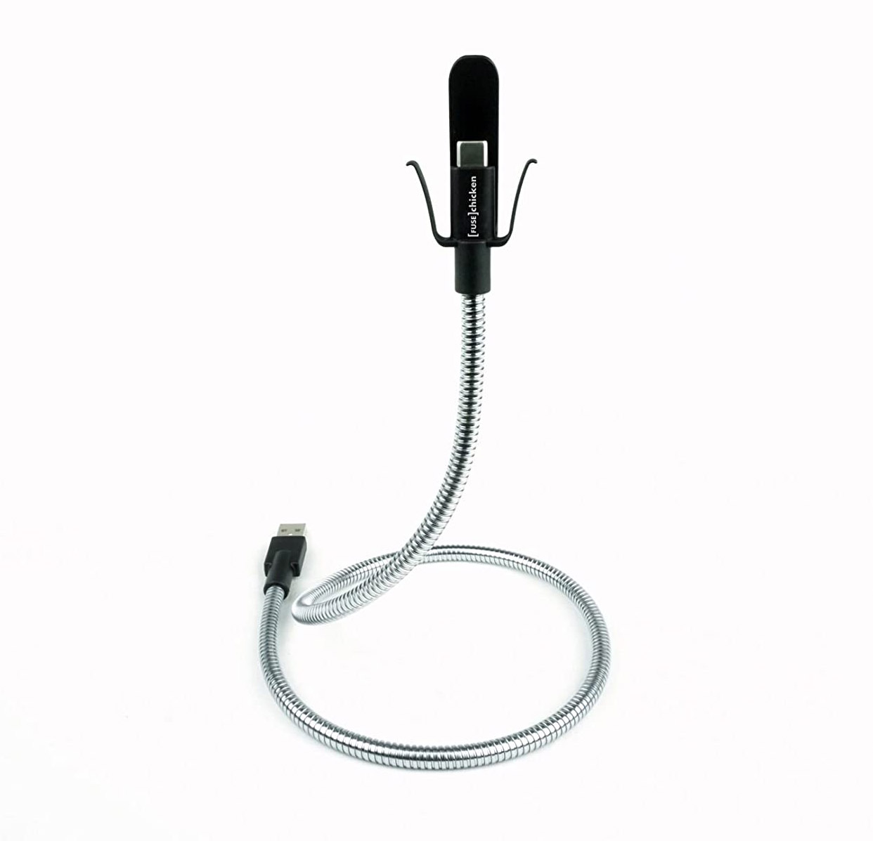 Flexible iPhone Stand and Charger - Rugged Stainless steel charging cable doubles as a phone mount